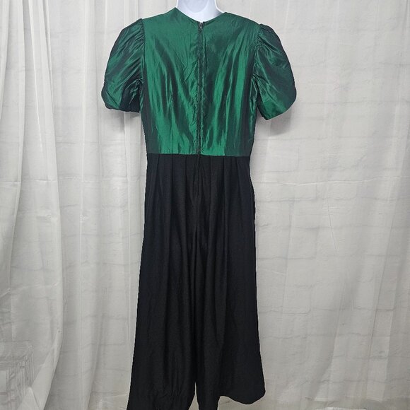 Vintage Southeastern Palazzo Jumpsuit Green Black Satin Crepe Retro Layered 6 - Picture 5 of 9
